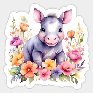 A baby hippo decorated with beautiful watercolor flowers Sticker